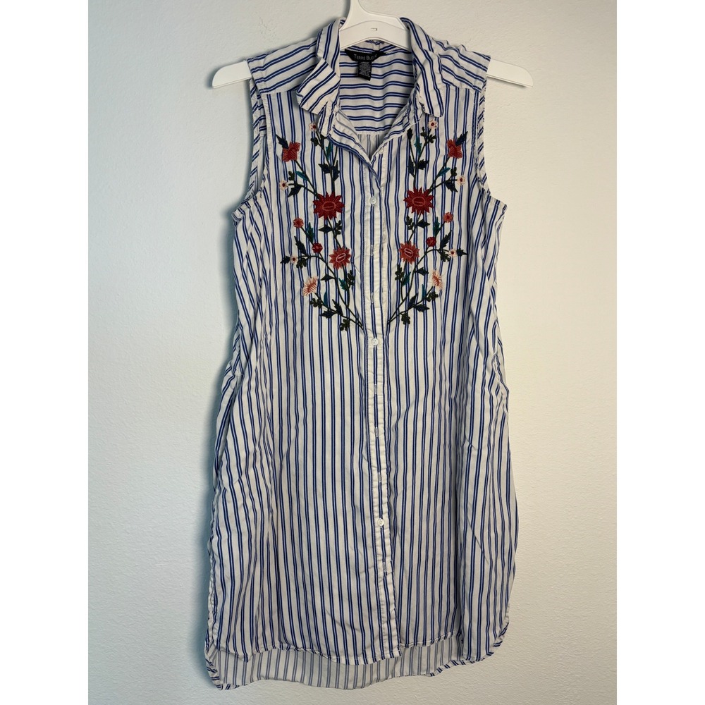 Terre Bleue Blue White Striped Floral Embroidered Lyocell Shirt‎ Dress Medium